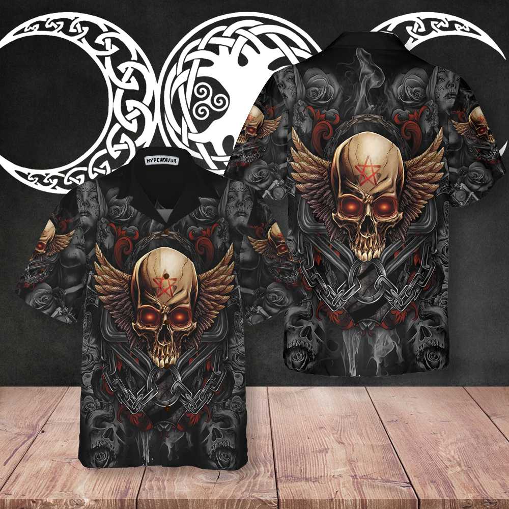 Gothic Skull Biker Hawaiian Shirt, Pentagrama Skull Goth Shirt For Men And Women