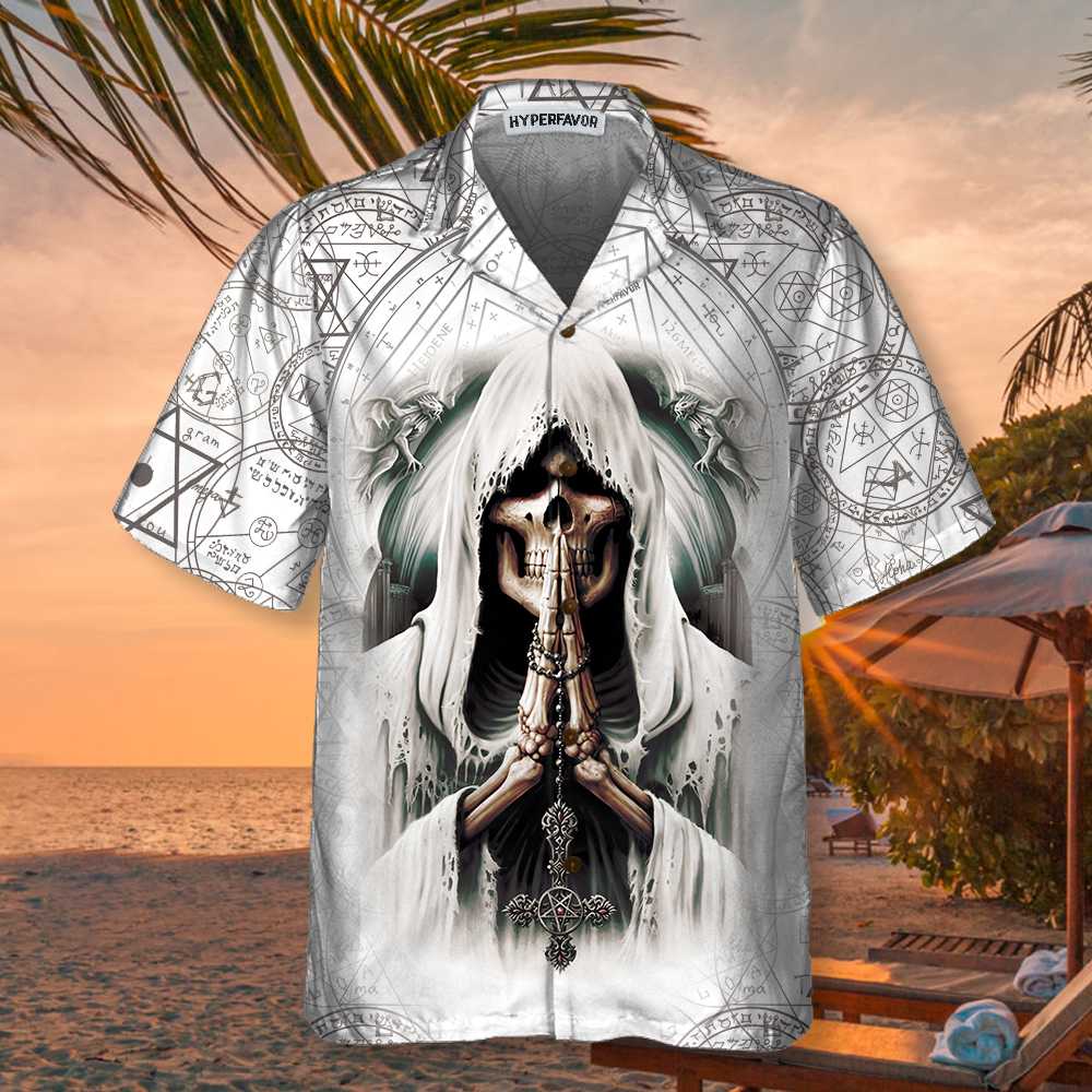Pray Skull Hawaiian Shirt, Unique Satanic Pattern Skull Shirt For Men And Women