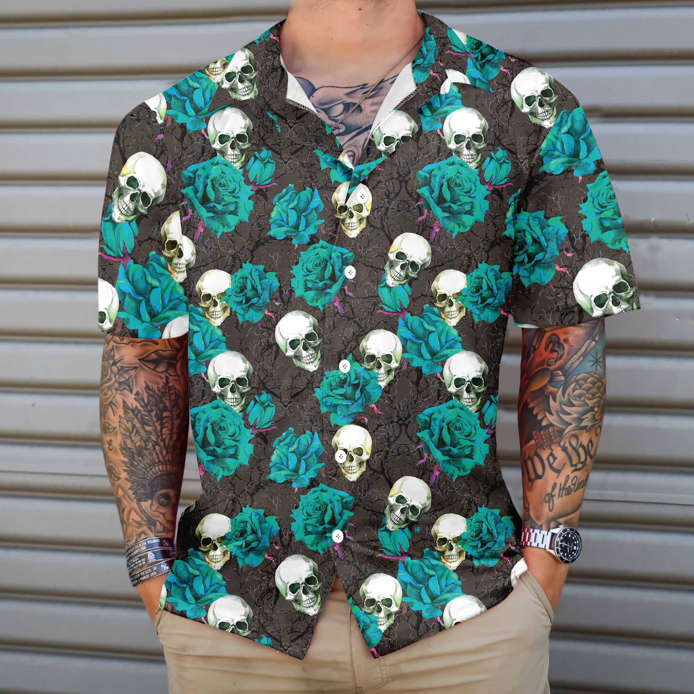 Skulls & Rose Branches Hawaiian Shirt, Blue Roses And Gothic Skull Shirt For Men And Women