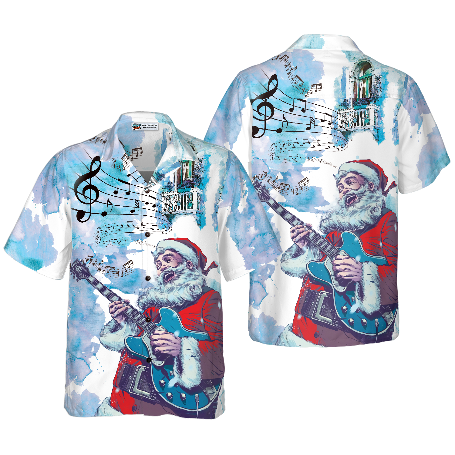 Hyperfavor Christmas Hawaiian Shirts, Chritmas Santa Guitar Music Pattern Shirt Short Sleeve, Christmas Shirt Idea Gift For Men And Women