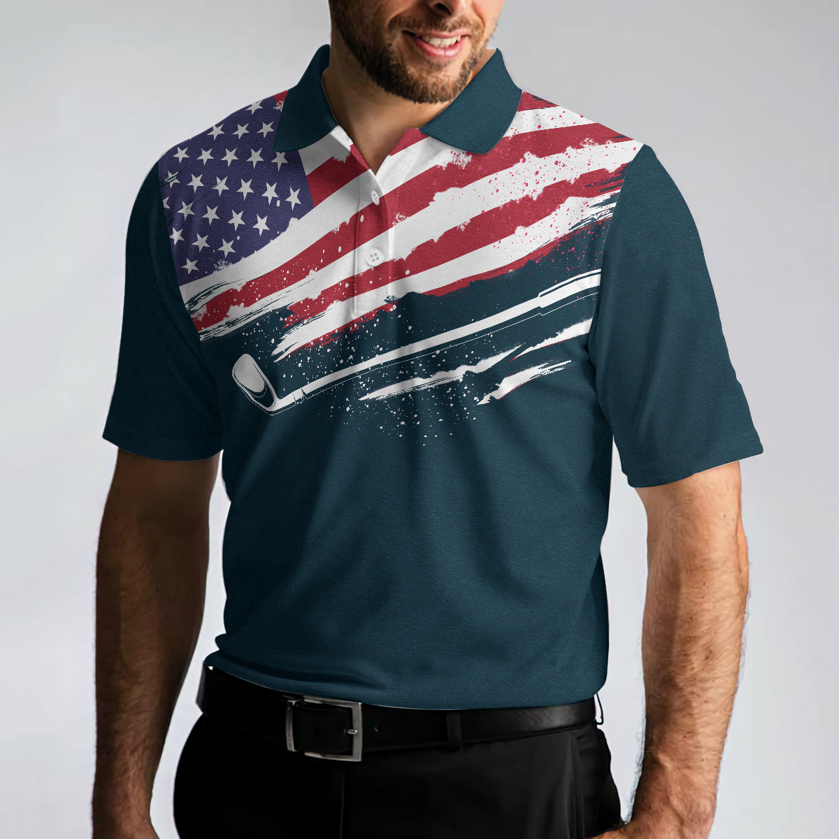 Eat Sleep Golf Repeat American Flag Short Sleeve Polo Shirt, Dark Navy Golf Shirt For Men