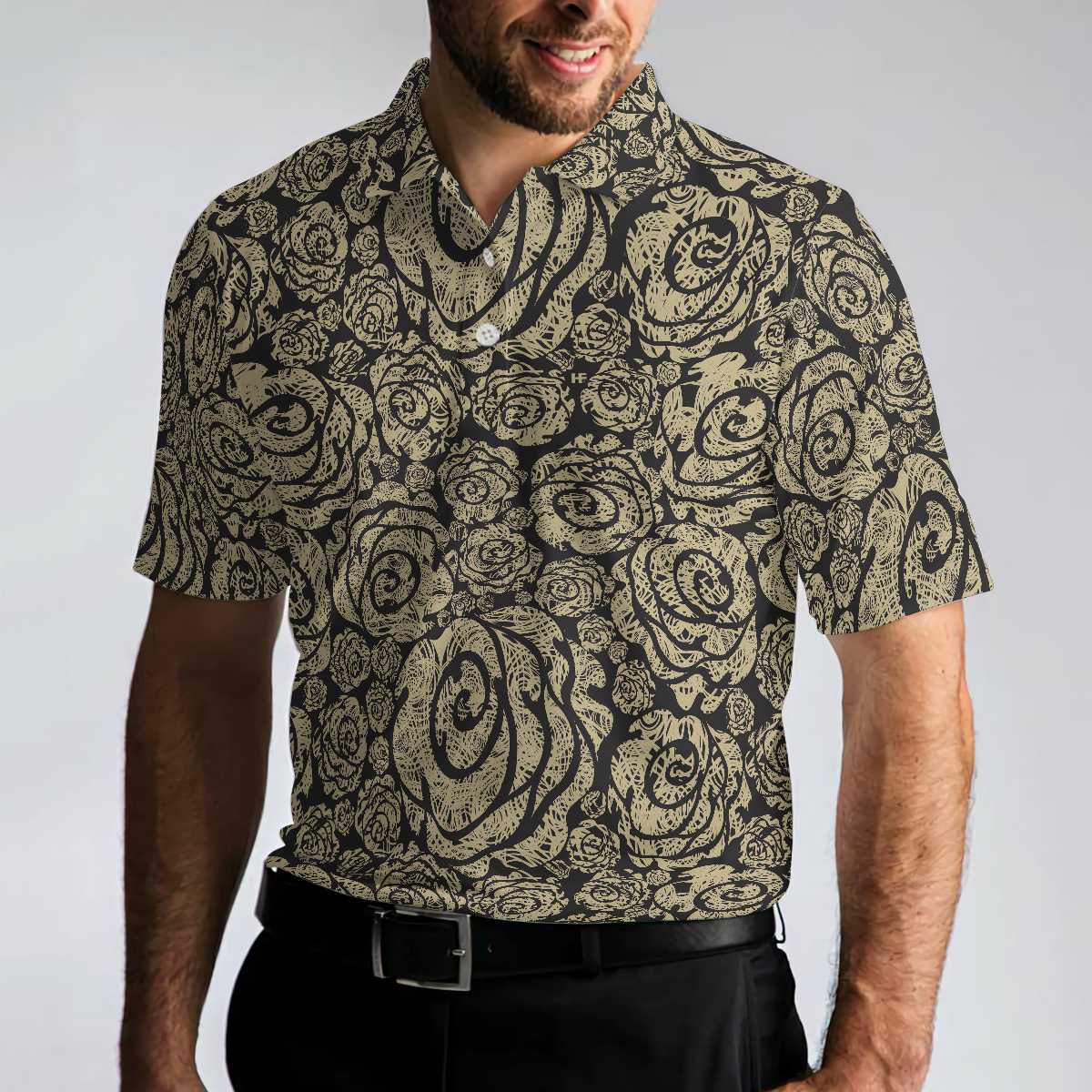 Seamless Beige Grunge Rose Pattern Polo Shirt, Cool Roses Graphic Polo Shirt, Rose Themed Shirt For Flower Lovers